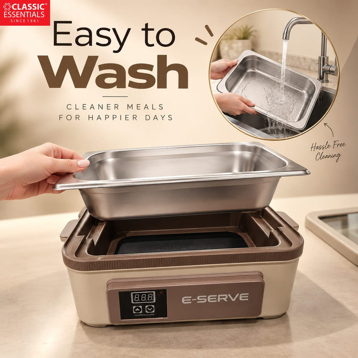 Classic Essentials E-SERVE Electric Food Warmer 1500ml | Smart Temperature Control Food Warmer Casserole | Stainless Steel Inner Container | Keep Food Warm for Dining, Parties & Serving
