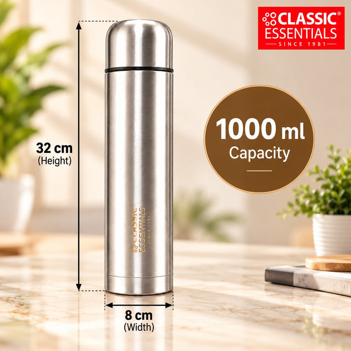 Stainless Steel Vacuum Insulated 12 Hr Hot & 24 Hr Cold Flask | ISI Certified | Leak Proof Lid | For Office, School, Gym, Home & Travel (1000ML)