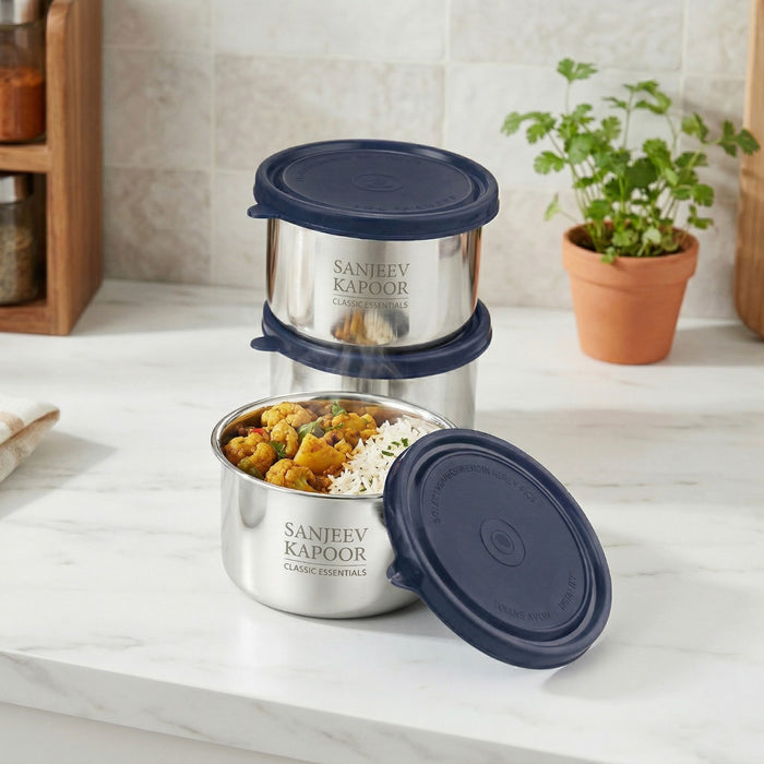 Sanjeev Kapoor by Classic Essentials Set of 3  Microwave Safe Stainless Steel Office & School Lunch Box Containers