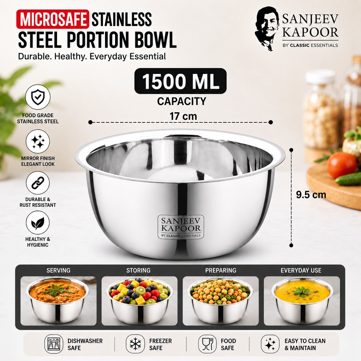 MICROSAFE Stainless Steel Portion Bowl  1500 ml