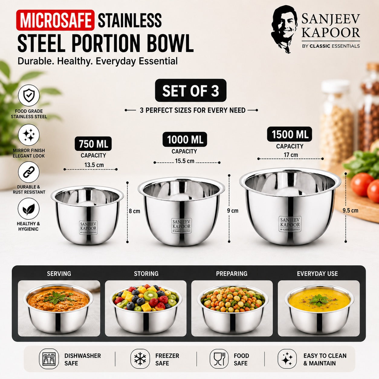 MICROWAVE SAFE | MICROSAFE Stainless Steel 3 Pc Portion Bowl Set (750ml, 1000ml, 1500ml)  Sanjeev Kapoor by Classic Essentials