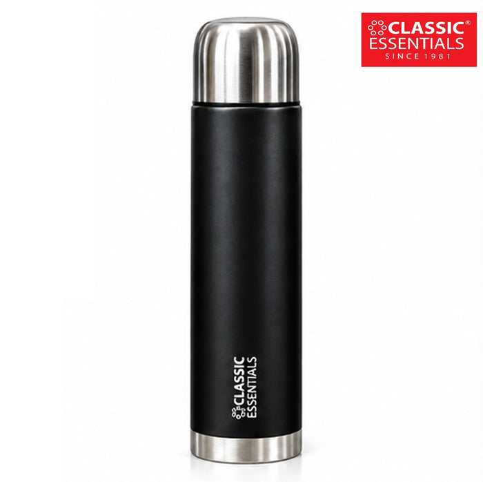 Classic Essentials Insulated Double Wall Vacuum Stainless Steel Water Bottle with Leakproof Lid 1000 ml Steel Flask Black