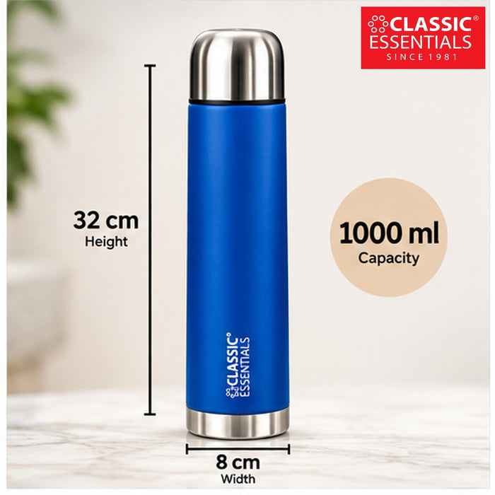 Classic Essentials Insulated Double Wall Vacuum Stainless Steel Water Bottle with Leakproof Lid 1000 ml Steel Flask Blue