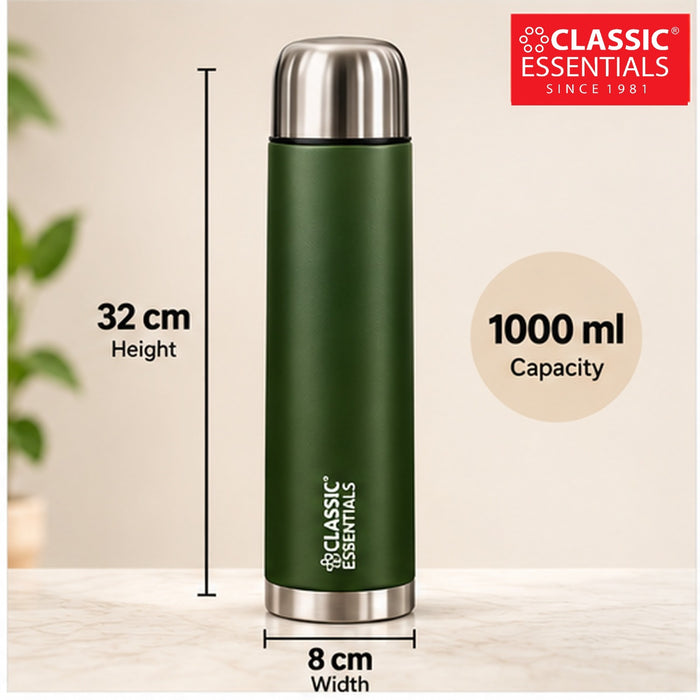 Classic Essentials Insulated Double Wall Vacuum Stainless Steel Water Bottle with Leakproof Lid 1000 ml Steel Flask Military Green