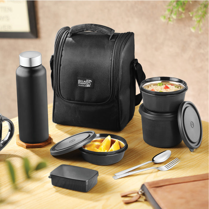 Classic Essentials Stainless Steel Supreme Microwave Safe, 4 Containers Lunch Box Set with (Cutlery and Bottle and a Free Bag), Color: Black, Capacity: 1250ML