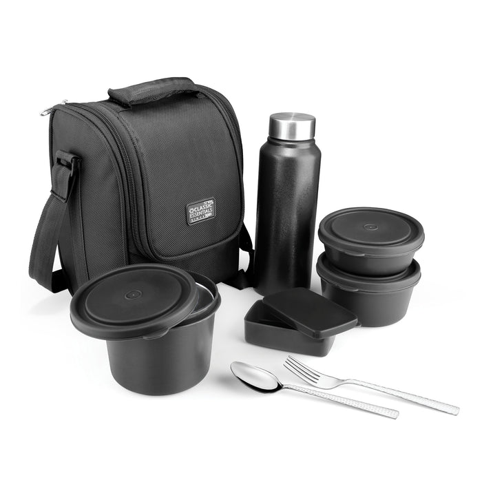 Classic Essentials Stainless Steel Supreme Microwave Safe, 4 Containers Lunch Box Set with (Cutlery and Bottle and a Free Bag), Color: Black, Capacity: 1250ML