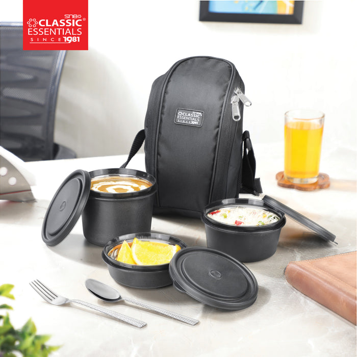 Classic Essentials Stainless Steel Supreme Microwave Safe, 4 Containers Lunch Box Set with (Cutlery and a Free Bag), Color: Black, Capacity: 1250ML
