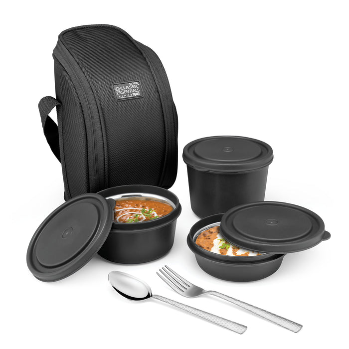 Classic Essentials Stainless Steel Supreme Microwave Safe, 4 Containers Lunch Box Set with (Cutlery and a Free Bag), Color: Black, Capacity: 1250ML