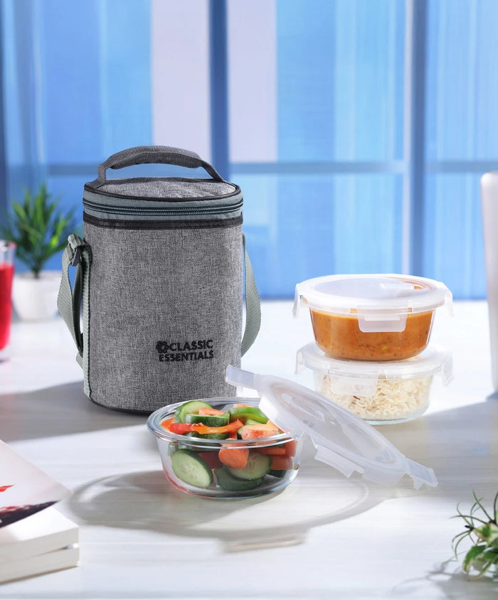 Classic Essentials BOSTON Borosilicate Glass Round Lunch box set (400 ml Each) Office Tiffin 3 Containers Glass Office Lunch Box (1200 ml)
