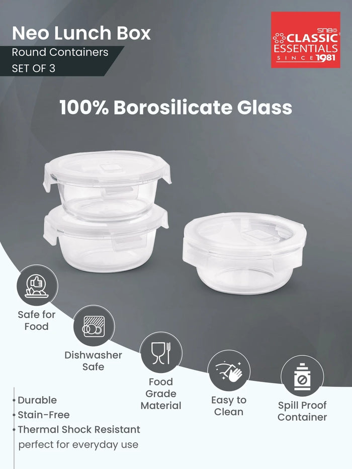 Classic Essentials BOSTON Borosilicate Glass Round Lunch box set (400 ml Each) Office Tiffin 3 Containers Glass Office Lunch Box (1200 ml)