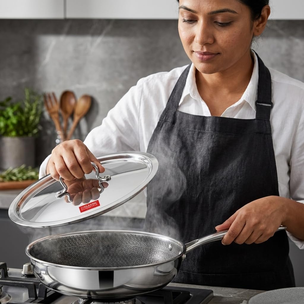 Classic Essentials Triply Stainless Steel Honeycomb 20 cm Non Stick Fry Pan with Lid 1.3 L | Hybrid Scratch Resistant Surface kadai | Induction & Gas Stove Compatible | Frying Pan for Everyday Cooking