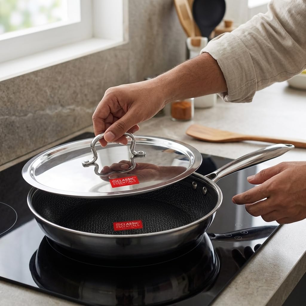 Classic Essentials Triply Stainless Steel Honeycomb 20 cm Non Stick Fry Pan with Lid 1.3 L | Hybrid Scratch Resistant Surface kadai | Induction & Gas Stove Compatible | Frying Pan for Everyday Cooking