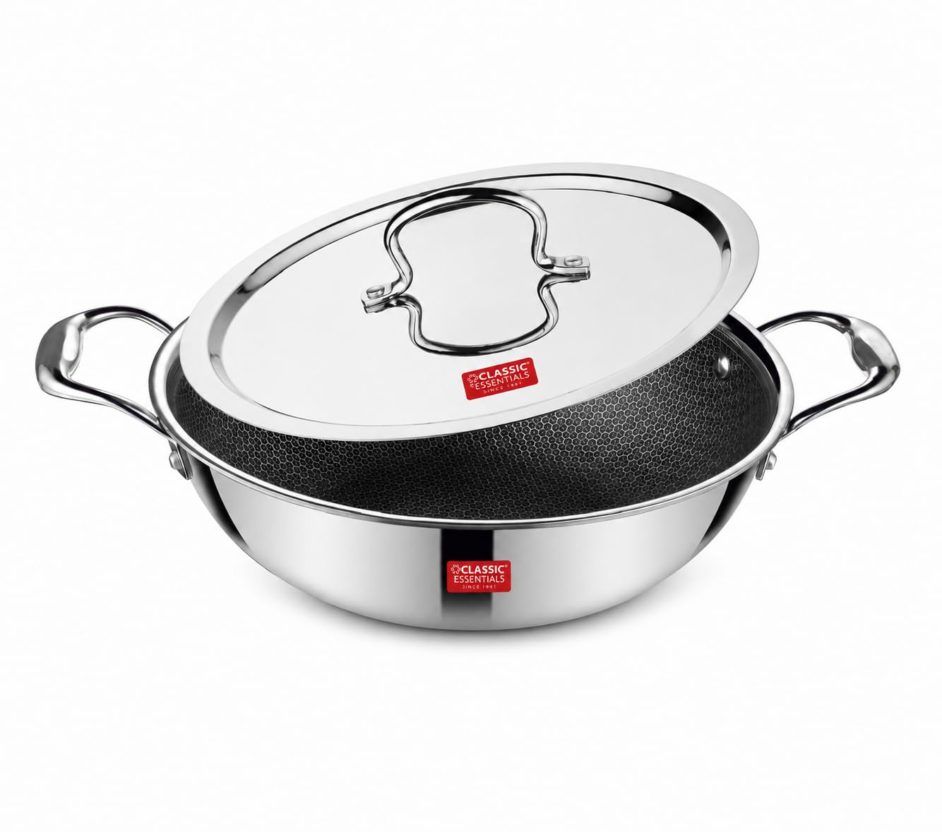 CLASSIC ESSENTIALS Triply Stainless Steel Hexa Honeycomb 22 cm Kadhai with Lid | 2 L Non Stick Kadhai for Cooking | Artisan Hybrid Scratch Resistant Surface | Induction & Gas Stove Compatible