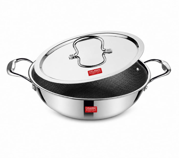 CLASSIC ESSENTIALS Triply Stainless Steel Hexa Honeycomb 24 cm Kadhai with Lid | 2.4 L Non Stick Kadhai for Cooking | Artisan Hybrid Scratch Resistant Surface | Induction & Gas Stove Compatible
