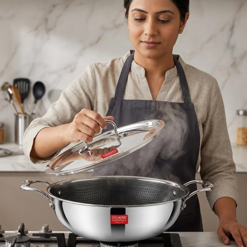 CLASSIC ESSENTIALS Triply Stainless Steel Hexa Honeycomb 22 cm Kadhai with Lid | 2 L Non Stick Kadhai for Cooking | Artisan Hybrid Scratch Resistant Surface | Induction & Gas Stove Compatible