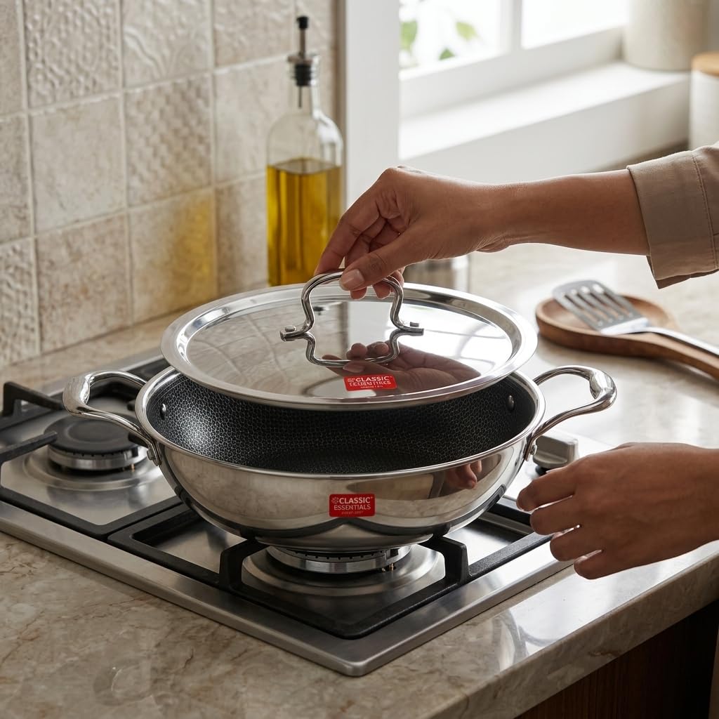 CLASSIC ESSENTIALS Triply Stainless Steel Hexa Honeycomb 24 cm Kadhai with Lid | 2.4 L Non Stick Kadhai for Cooking | Artisan Hybrid Scratch Resistant Surface | Induction & Gas Stove Compatible