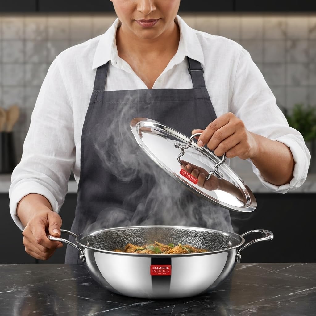 CLASSIC ESSENTIALS Triply Stainless Steel Hexa Honeycomb 24 cm Kadhai with Lid | 2.4 L Non Stick Kadhai for Cooking | Artisan Hybrid Scratch Resistant Surface | Induction & Gas Stove Compatible