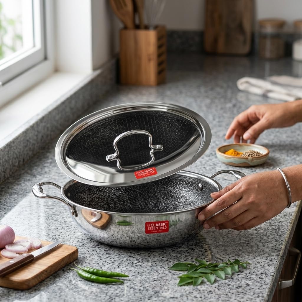 CLASSIC ESSENTIALS Triply Stainless Steel Hexa Honeycomb 24 cm Kadhai with Lid | 2.4 L Non Stick Kadhai for Cooking | Artisan Hybrid Scratch Resistant Surface | Induction & Gas Stove Compatible