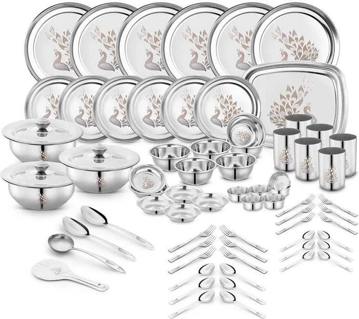 Classic Essentials Pack of 71 Stainless Steel Dinner Set | Serves 6 People | Heavy Gauge | Kitchen Set | Permanent Laser-Peacock Dinner Set