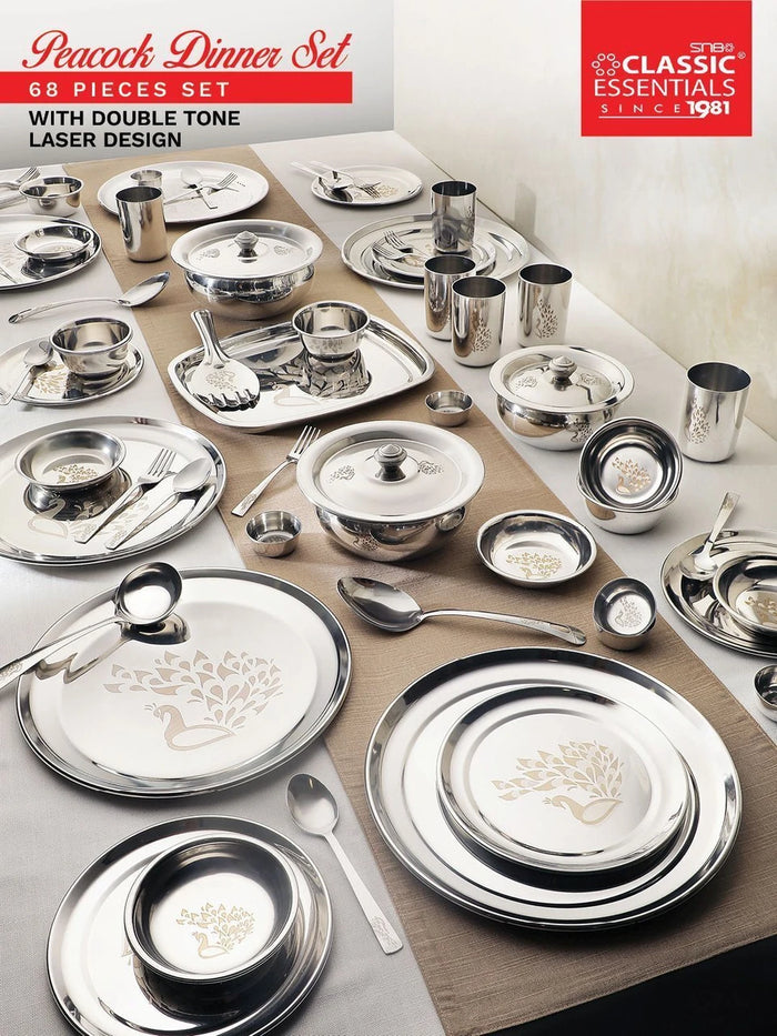 Classic Essentials Pack of 71 Stainless Steel Dinner Set | Serves 6 People | Heavy Gauge | Kitchen Set | Permanent Laser-Peacock Dinner Set