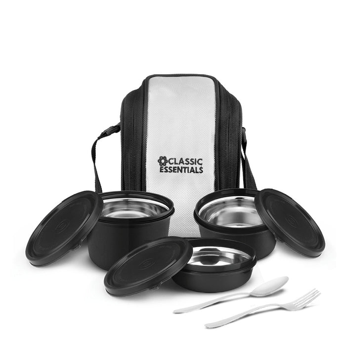 Supreme Lunch Box (Microwave Safe) , 3 Containers Set (With Cutlery and a Free Bag, 1250 ML, GreyBlack)
