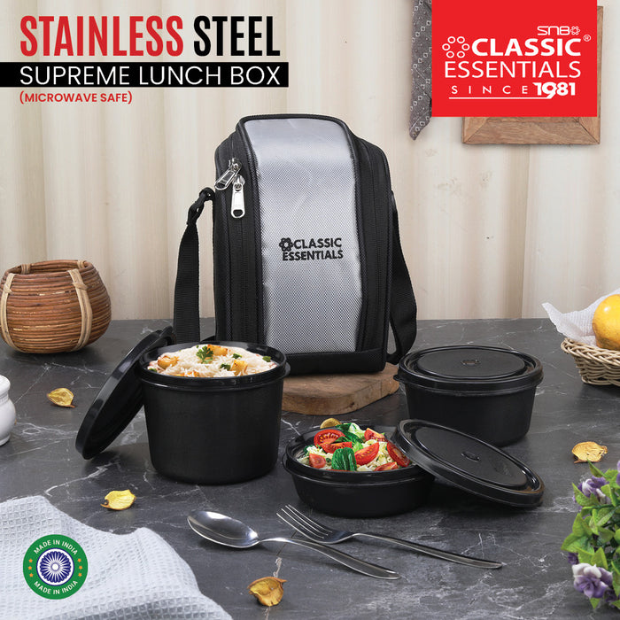 Supreme Lunch Box (Microwave Safe) , 3 Containers Set (With Cutlery and a Free Bag, 1250 ML, GreyBlack)
