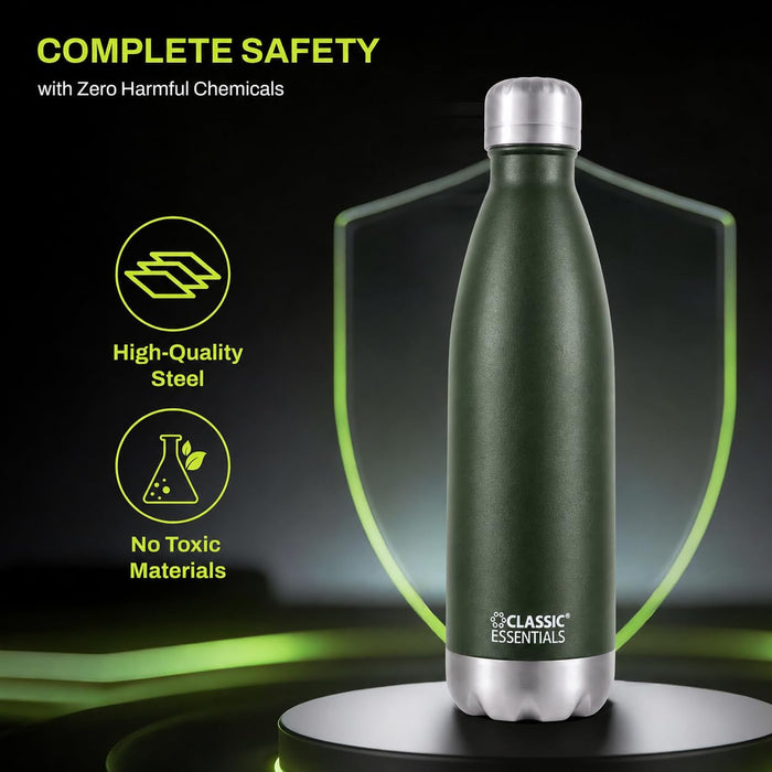 Classic Essentials Insulated Double Wall Stainless Steel Water Bottle 500 ML | 12 Hours Hot & 24 Hours Cold | Vacuum Insulated, Leakproof Bottle for Home, Office, Gym & Travel (Military Green)